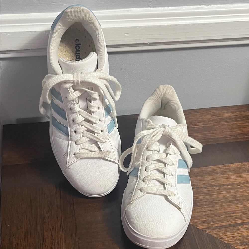 adidas White Sneakers with Light Blue Stripes Women